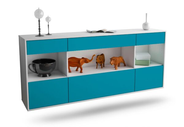 Sideboard - Fabiana - Design Farbakzent - Wandmontage mit Push to Open 180 cm Weiss - Front T?rkis  Bestellnummer:1020303824