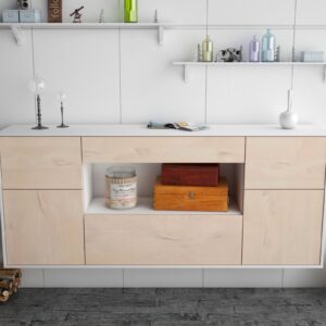 Sideboard - Fabiola - Design Holzdekor - Wandmontage mit Push to Open 180 cm Weiss - Front Walnuss  Bestellnummer:1020303914