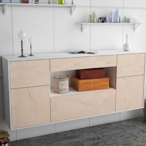 Sideboard - Fabiola - Design Holzdekor - Wandmontage mit Push to Open 180 cm Weiss - Front Pinie  Bestellnummer:1020303915