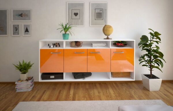 Sideboard - Felia - Design Hochglanz - Wandmontage mit Griffe 180 cm Weiss - Front Schwarz  Bestellnummer:1020304140