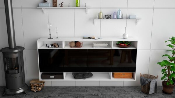 Sideboard - Felia - Design Hochglanz - Wandmontage mit Push to Open 180 cm Weiss - Front Grau  Bestellnummer:1020304330