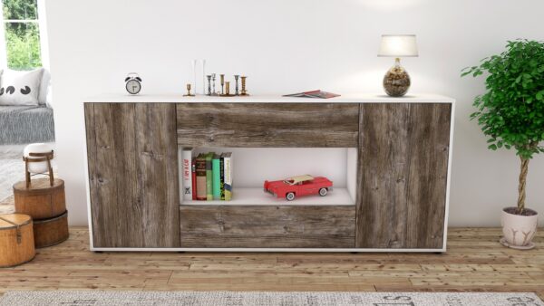 Sideboard - Filomena - Design Holzdekor - Freistehend mit Push to Open 180 cm Weiss - Front Walnuss  Bestellnummer:1020304594