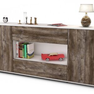 Sideboard - Filomena - Design Holzdekor - Freistehend mit Push to Open 180 cm Weiss - Front Treibholz  Bestellnummer:1020304597