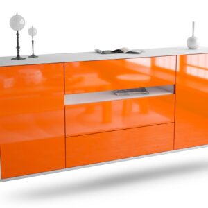 Sideboard - Fernanda - Design Hochglanz - Wandmontage mit Push to Open 180 cm Weiss - Front Orange  Bestellnummer:1020304632