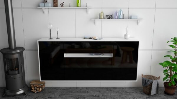 Sideboard - Fernanda - Design Hochglanz - Wandmontage mit Push to Open 180 cm Weiss - Front Grau  Bestellnummer:1020304636