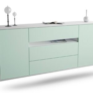 Sideboard - Fernanda - Design Farbakzent - Wandmontage mit Push to Open 180 cm Weiss - Front Mint  Bestellnummer:1020304637