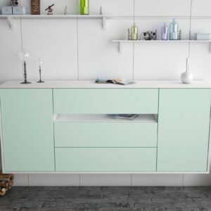 Sideboard - Fernanda - Design Farbakzent - Wandmontage mit Push to Open 180 cm Weiss - Front Gelb  Bestellnummer:1020304638