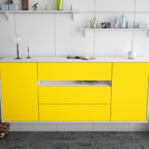 Sideboard - Fernanda - Design Farbakzent - Wandmontage mit Push to Open 180 cm Weiss - Front Rot  Bestellnummer:1020304641