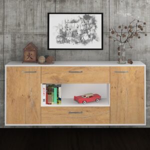 Sideboard - Filomena - Design Holzdekor - Wandmontage mit Griffe 180 cm Weiss - Front Walnuss  Bestellnummer:1020304645