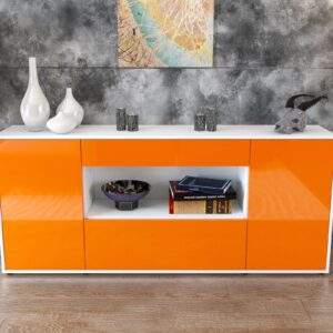 Sideboard - Fiora - Design Hochglanz - Freistehend mit Push to Open 180 cm Weiss - Front Schwarz  Bestellnummer:1020304701