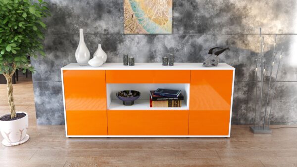 Sideboard - Fiora - Design Hochglanz - Freistehend mit Push to Open 180 cm Weiss - Front Schwarz  Bestellnummer:1020304701