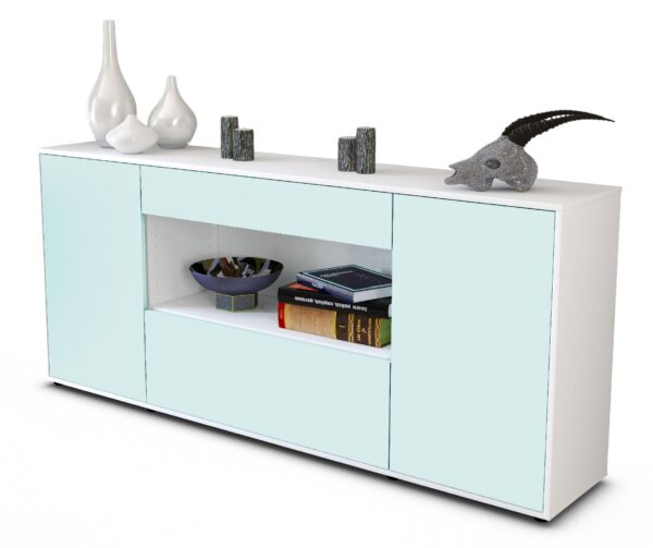 Sideboard - Fiora - Design Farbakzent - Freistehend mit Push to Open 180 cm Weiss - Front Mint  Bestellnummer:1020304705