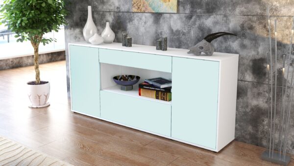 Sideboard - Fiora - Design Farbakzent - Freistehend mit Push to Open 180 cm Weiss - Front Lila  Bestellnummer:1020304707