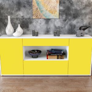 Sideboard - Fiora - Design Farbakzent - Freistehend mit Push to Open 180 cm Weiss - Front Rot  Bestellnummer:1020304709