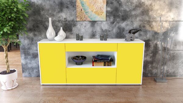 Sideboard - Fiora - Design Farbakzent - Freistehend mit Push to Open 180 cm Weiss - Front Rot  Bestellnummer:1020304709