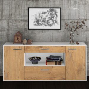 Sideboard - Fiora - Design Holzdekor - Freistehend mit Griffe 180 cm Weiss - Front Walnuss  Bestellnummer:1020304713