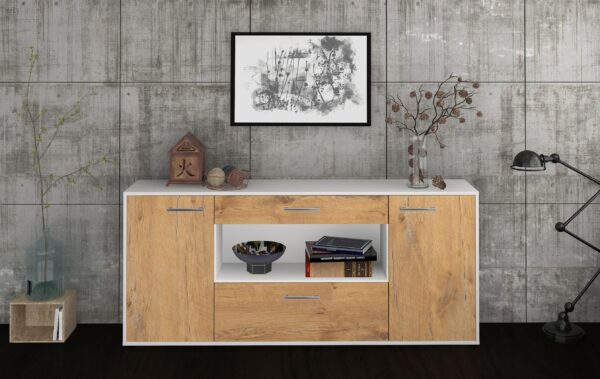 Sideboard - Fiora - Design Holzdekor - Freistehend mit Griffe 180 cm Weiss - Front Walnuss  Bestellnummer:1020304713