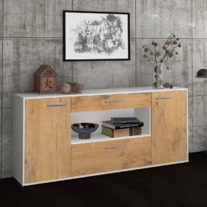 Sideboard - Fiora - Design Holzdekor - Freistehend mit Griffe 180 cm Weiss - Front Pinie  Bestellnummer:1020304714