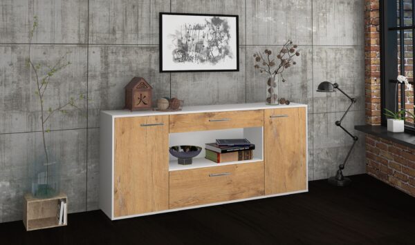 Sideboard - Fiora - Design Holzdekor - Freistehend mit Griffe 180 cm Weiss - Front Pinie  Bestellnummer:1020304714