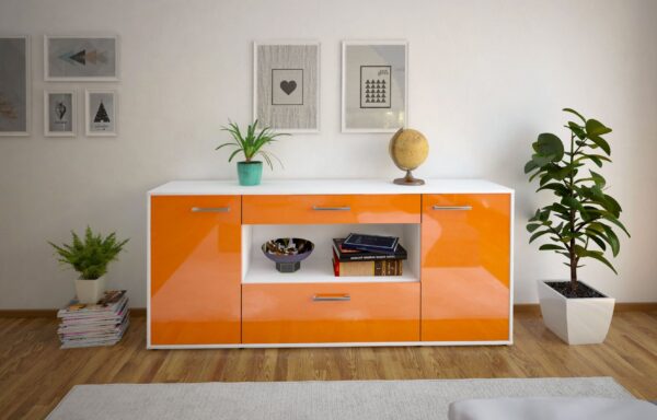 Sideboard - Fiora - Design Hochglanz - Freistehend mit Griffe 180 cm Weiss - Front Schwarz  Bestellnummer:1020304718