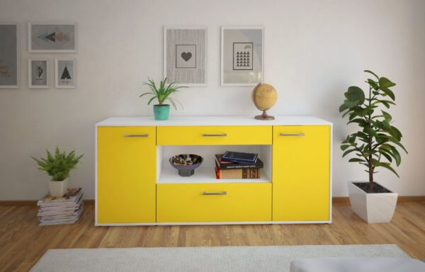 Sideboard - Fiora - Design Farbakzent - Freistehend mit Griffe 180 cm Weiss - Front Rot  Bestellnummer:1020304726