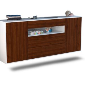 Sideboard - Filippa - Design Holzdekor - Wandmontage mit Push to Open 180 cm Weiss - Front Walnuss  Bestellnummer:1020304730