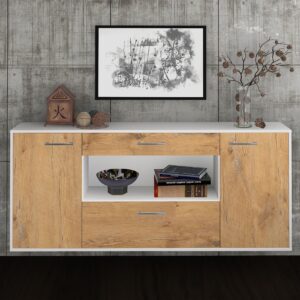 Sideboard - Fiora - Design Holzdekor - Wandmontage mit Griffe 180 cm Weiss - Front Treibholz  Bestellnummer:1020304750