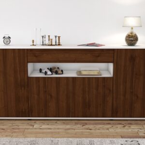 Sideboard - Fiorella - Design Holzdekor - Freistehend mit Push to Open 180 cm Weiss - Front Eiche  Bestellnummer:1020304797