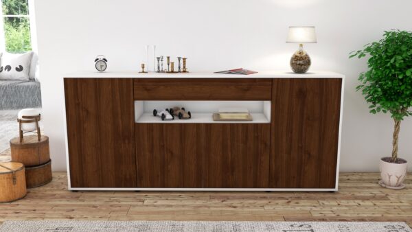 Sideboard - Fiorella - Design Holzdekor - Freistehend mit Push to Open 180 cm Weiss - Front Eiche  Bestellnummer:1020304797