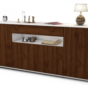 Sideboard - Fiorella - Design Holzdekor - Freistehend mit Push to Open 180 cm Weiss - Front Walnuss  Bestellnummer:1020304798