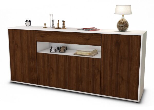 Sideboard - Fiorella - Design Holzdekor - Freistehend mit Push to Open 180 cm Weiss - Front Walnuss  Bestellnummer:1020304798