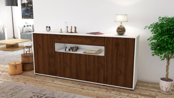 Sideboard - Fiorella - Design Holzdekor - Freistehend mit Push to Open 180 cm Weiss - Front Pinie  Bestellnummer:1020304799