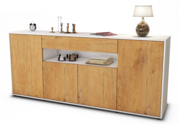 Sideboard - Fiorella - Design Holzdekor - Freistehend mit Push to Open 180 cm Weiss - Front Zeder  Bestellnummer:1020304800