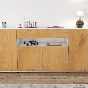 Sideboard - Fiorella - Design Holzdekor - Freistehend mit Push to Open 180 cm Weiss - Front Treibholz  Bestellnummer:1020304801