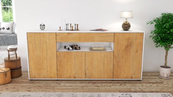 Sideboard - Fiorella - Design Holzdekor - Freistehend mit Push to Open 180 cm Weiss - Front Treibholz  Bestellnummer:1020304801