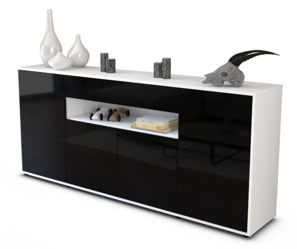 Sideboard - Fiorella - Design Hochglanz - Freistehend mit Push to Open 180 cm Weiss - Front Schwarz  Bestellnummer:1020304803