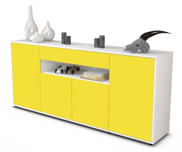 Sideboard - Fiorella - Design Farbakzent - Freistehend mit Push to Open 180 cm Weiss - Front Gelb  Bestellnummer:1020304808