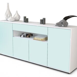 Sideboard - Fiorella - Design Farbakzent - Freistehend mit Push to Open 180 cm Weiss - Front T?rkis  Bestellnummer:1020304810