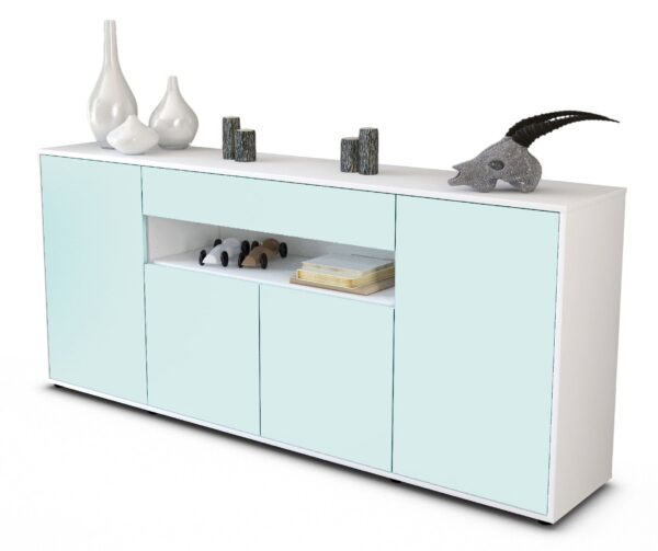 Sideboard - Fiorella - Design Farbakzent - Freistehend mit Push to Open 180 cm Weiss - Front T?rkis  Bestellnummer:1020304810