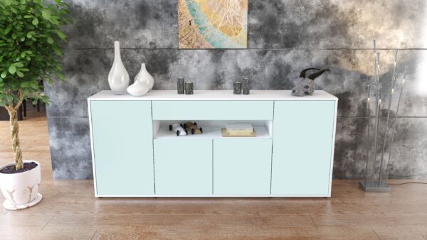 Sideboard - Fiorella - Design Farbakzent - Freistehend mit Push to Open 180 cm Weiss - Front Rot  Bestellnummer:1020304811