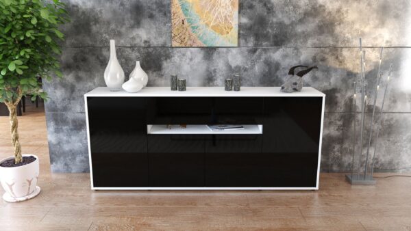 Sideboard - Flavia - Design Hochglanz - Freistehend mit Push to Open 180 cm Weiss - Front Grau  Bestellnummer:1020304908