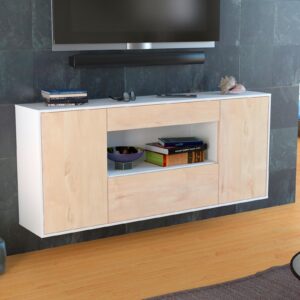 Sideboard - Fiora - Design Holzdekor - Wandmontage mit Push to Open 180 cm Weiss - Front Pinie  Bestellnummer:1020304935