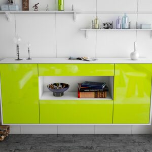 Sideboard - Fiora - Design Hochglanz - Wandmontage mit Push to Open 180 cm Weiss - Front Schwarz  Bestellnummer:1020304939