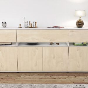 Sideboard - Flora - Design Holzdekor - Freistehend mit Push to Open 180 cm Weiss - Front Walnuss  Bestellnummer:1020305002