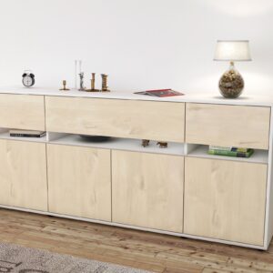 Sideboard - Flora - Design Holzdekor - Freistehend mit Push to Open 180 cm Weiss - Front Pinie  Bestellnummer:1020305003