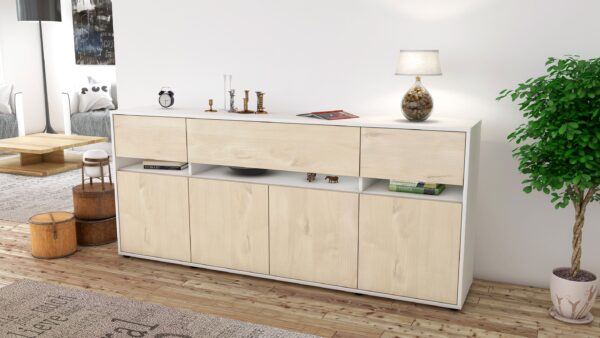 Sideboard - Flora - Design Holzdekor - Freistehend mit Push to Open 180 cm Weiss - Front Pinie  Bestellnummer:1020305003