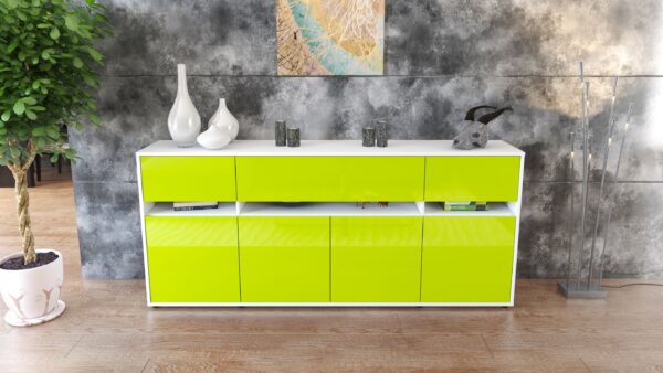 Sideboard - Flora - Design Hochglanz - Freistehend mit Push to Open 180 cm Weiss - Front Schwarz  Bestellnummer:1020305007