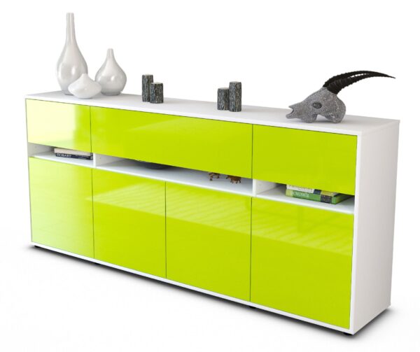 Sideboard - Flora - Design Hochglanz - Freistehend mit Push to Open 180 cm Weiss - Front Gr?n  Bestellnummer:1020305009