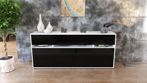 Sideboard - Flora - Design Hochglanz - Freistehend mit Push to Open 180 cm Weiss - Front Grau  Bestellnummer:1020305010