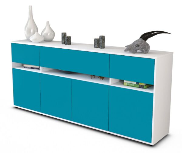 Sideboard - Flora - Design Farbakzent - Freistehend mit Push to Open 180 cm Weiss - Front T?rkis  Bestellnummer:1020305014